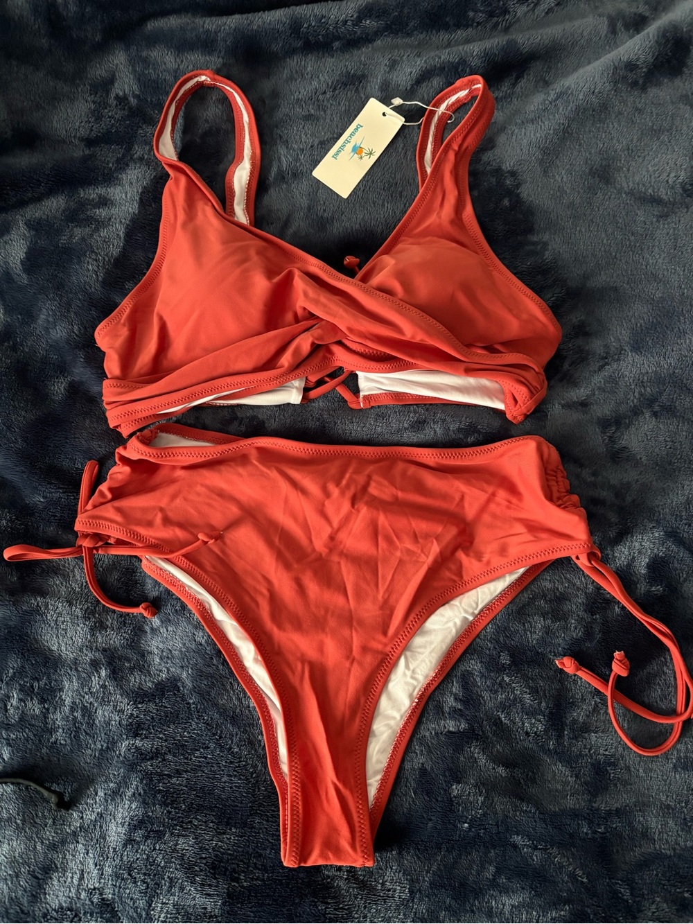 Twist-Front Burnt Orange Bikini Set with Adjustable Side Ties NWT size large